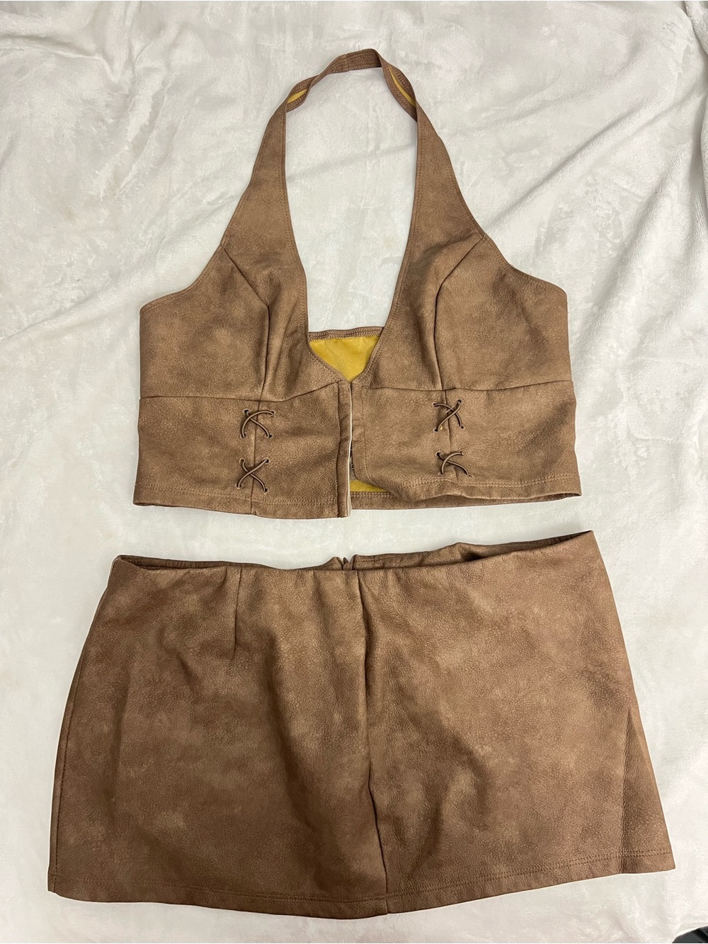 Brown Faux Large Suede Two-Piece Halter Top & Mini Skirt Set